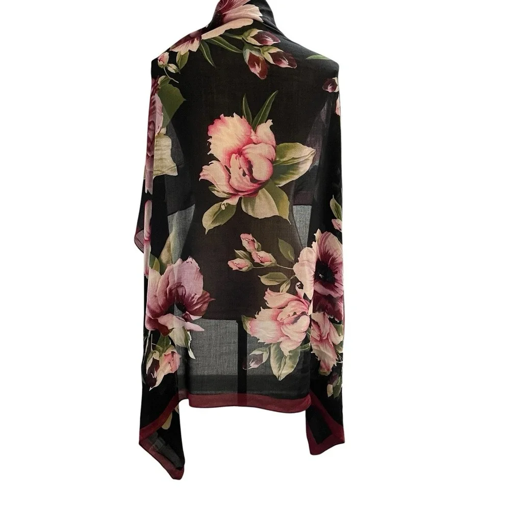 J Jill Scarf Wrap Black Floral Lightweight‎ Rayon Dark Romantic Layer Office